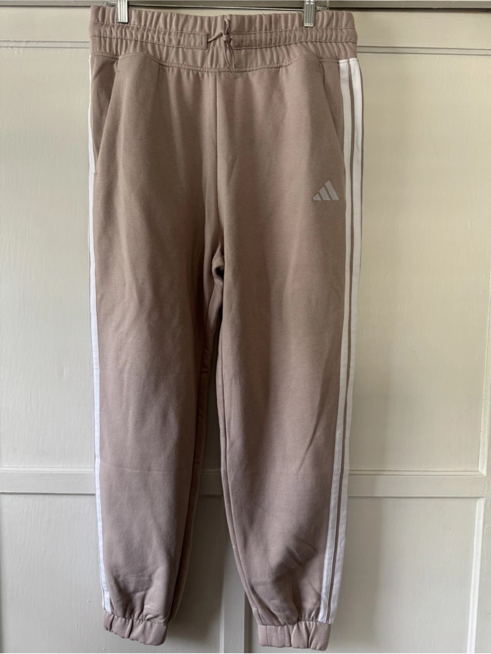 adidas Taupe Joggers with White Side Stripes Sz L